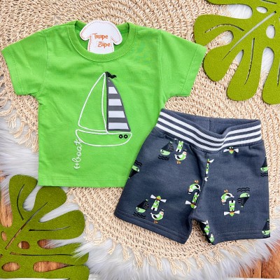 Conj. Camiseta Boat e Bermuda Pelicanos - Verde e Chumbo